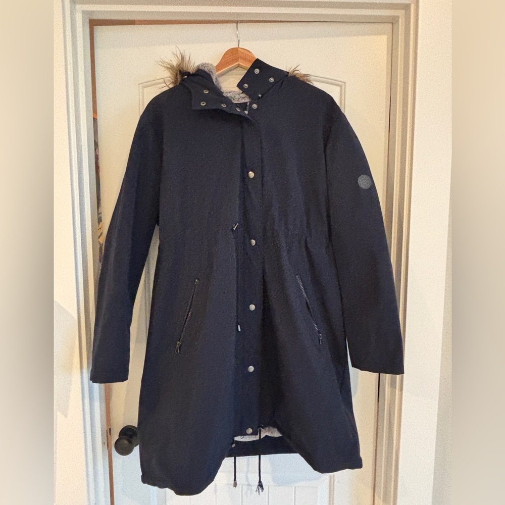 Seraphine Winter 3 in 1 Maternity Blue Parka Coat Faux Fur Trim-14